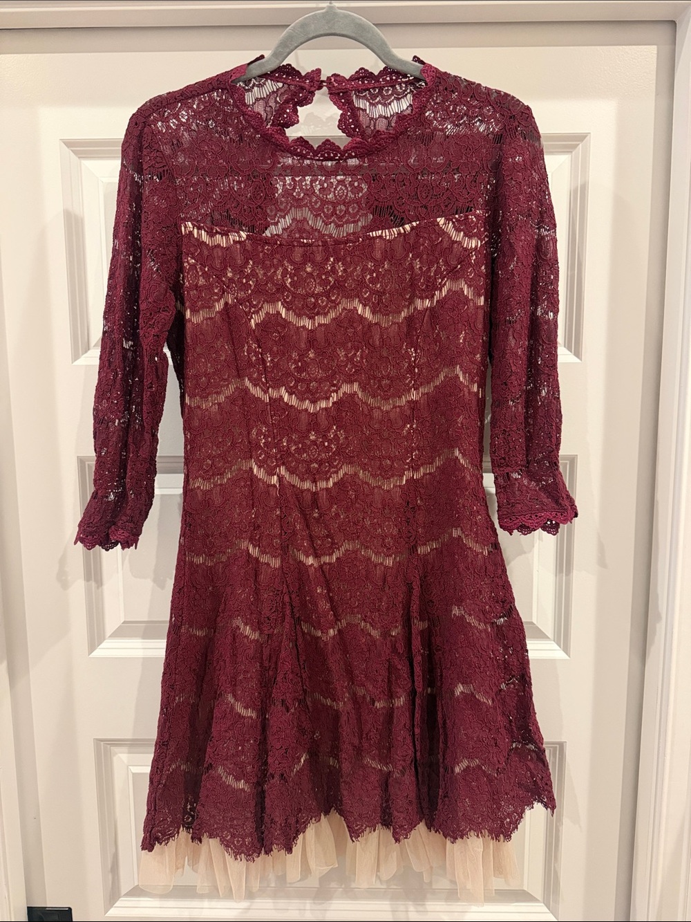Francesca's Collections Burgundy Lace Long-Sleeve Fit & Flare Dress